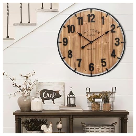 Large Old Town Farmhouse Wall Clock 24 Inch Rustic Antique Wood with Metal Circle and Large Numerals Silent Battery Operated Wall Clock for Office Kitchen Bedroom Living Room