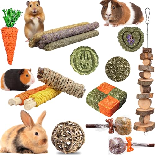 HERCOOCI 18Pcs Rabbit Chew Toys, Bunny Treats and Ball Timothy Hay Stick Toys for Rabbit Bunny Guinea Pig Chinchilla Hamster Teeth Care