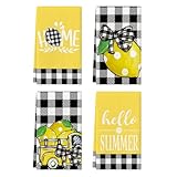 Artoid Mode Buffalo Plaid Lemon Home Truck Hello Summer Kitchen Towels Dish Towels, 18x26 Inch Seasonal Decoration Hand Towels Set of 4