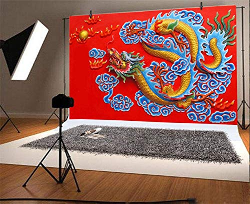Laeacco 7X5Ft Chinese Golden Dragon Statue Retro Red Backdrop Chinese New Year Photography Backdrop China Spring Festival Holiday Celebration Backdrop Auspicious Clouds Painting Best Wishes Photo Prop #TOP2