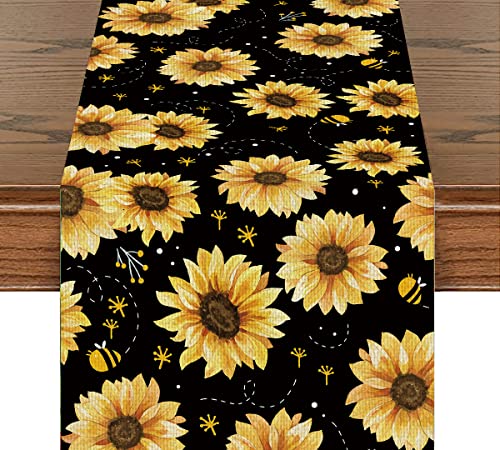 Camino de mesa de girasoles, diseño de girasoles, algodón, lino, decoración del hogar, regalo para cocina, cena, fiesta, vacaciones, inauguración de la casa (14 x 72 pulgadas) Cover