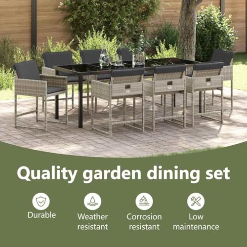 Assises en poly rotin légères et résistantes pour ensemble de jardin 9 pièces gris