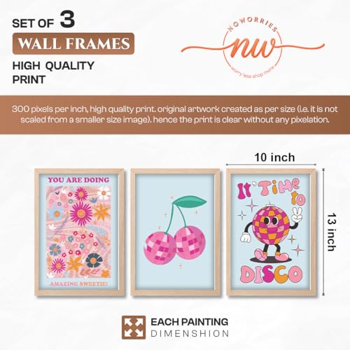 Image of NoWorries Retro Disco Wall Framed Painting Set | Cherry, Disco Art & Positive Quote Posters Frames | Premium 300 GSM Paper Print with Synthetic Wooden Frame | Aesthetic Wall Decor For Hotel,Cafe,Bar Living Room & Bedroom (Pattern-illustration) (Set of 3) (NATURAL, ART-4, 10X13INCHES)