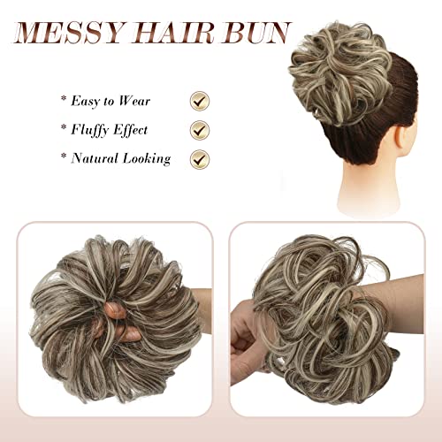Feshfen Messy Bun Hair Piece Hair Bun Scrunchies Synthetic Wavy Chignon Ponytail Hair Extensions Thick Updo Hairpieces For Women Girls 1Pcs, Brown & Bleach Blonde #TOP2