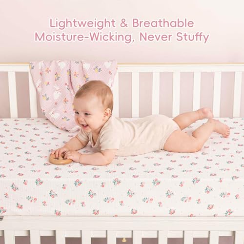 Image of david's kids Muslin Mini Crib Sheets, 2 Pack Cotton Pack N Play Sheets for Girls, Soft Breathable Baby Sheets Fit Pack N Play, Playard and Mini Crib Mattresses, Rabbit