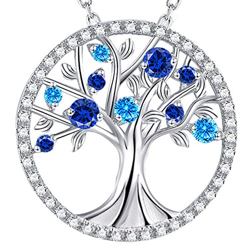 Birthday Gifts Wife Mom Tree of Life Necklace Women September Birthstone Blue Sapphire Topaz Jewelry Her Sterling Sillver