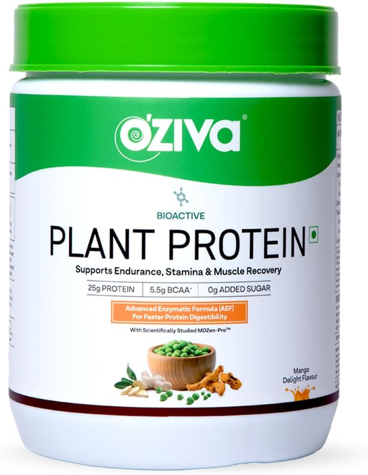 OZiva Bioactive Plant Protein (Mango), 500g | 25g Protein,5.5 BCAA| Pea Isolate| Plant based Protein Powder for Women & Men | Essential Amino Acids| Vegan Protein supplement, Clean, Sugar free.
