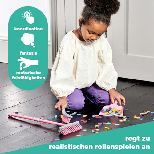 Casdon Hetty Bürstenset, Buntes Reinigungsspielzeug für Kinder ab 3 Jahren, Fördert Lernen und Rollenspiele, Enthält Besen, Bürste und Kehrschaufel, Rose