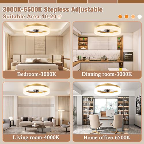 Image of VOLISUN Low Profile Ceiling Fans with Lights and Remote,15.7in Modern Ceiling Fan Flush Mount, 3000K-6500K Dimmable Bladeless LED Fan Light,Gold Fandelier Ceiling Fans with Lights for Bedroom