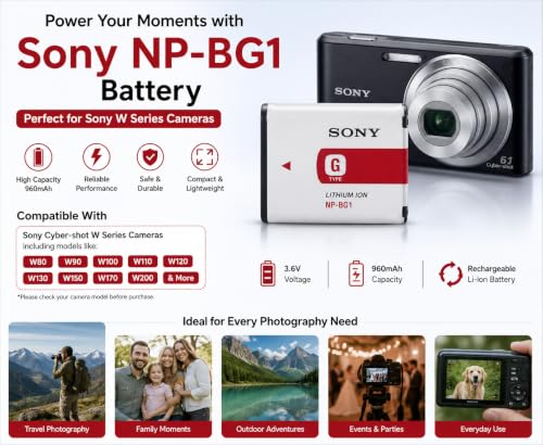 Image of Compatible with Sony NP-BG1 Type G Lithium-Ion Rechargeable Battery 960mAh 3.6V for Sony W Series Digital Cameras, Long-Lasting Replacement Camera Battery (Pack of 1)