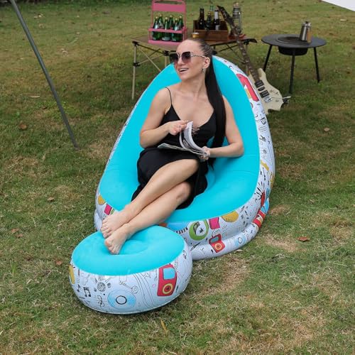 Image of Primechoice Pu, Plastic Inflatable Lounge Chair with Footrest 2-in-1 Air Sofa for Adults, Folding Portable Lazy Recliner with Pump for Indoor Living Room, Office, Outdoor Camping (Graffiti Blue)