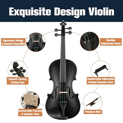 Image of Mendini By Cecilio Violin 4 /4 Full Size For Beginners - Fiddle Solidwood Kit with Hard Case - Acoustic Violins with Bow, Rosin, Tuner, Extra Strings & Bridge, Shoulder Rest and Lesson Book (Black)