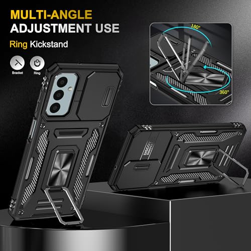 Ezanmull for Samsung Galaxy A15 5G Case with Slide Camera Cover + Screen Protector(2 Packs), Rotated Ring Kickstand Military Grade Shockproof Protective Cover for Samsung Galaxy A15 5G (Black)