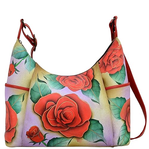 Anna by Anuschka Handpainted Women's Genuine Leather Large Shoulder Hobo - Romantic Rose