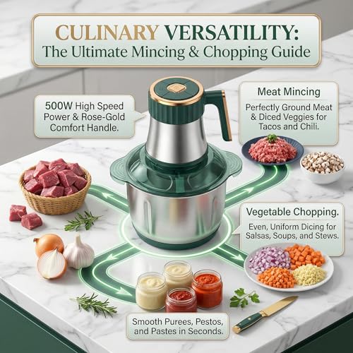 Image of 3L Electric Food Chopper & Meat Grinder - 500W Stainless Steel Food Processor with Quad-Blade System - SS304 Mixing Bowl for Meat, Veggies & Purees - Green /Rose Gold