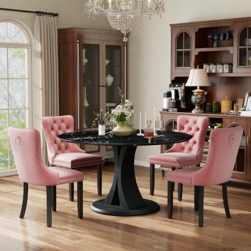 Image of 5-Piece Dining Table Set for 4 with 47 In Black Faux Marble Round Table | Circle Dining Room Table with 4 Velvet Upholstered Chairs, Modern Scandinavian Furniture for Dining Room Kitchen (Pink)