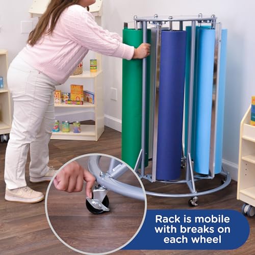 Children’s Factory Mobile Butcher Paper Dispenser, 5-Roll Paper Rack Holder for Classroom, Arts and Crafts, Desk Protection, Easy-Glide Pegs, and Safety Blades