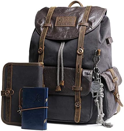 Premium Canvas and Leather Backpack for Men Vintage Backpacks Waterproof Rucksack Knapsack for Mens Hiking Travel Outdoor Grey,Durable Distressed Genuine Leather with Canvas Laptop Backpack Daypack