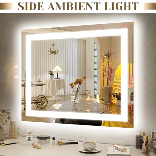 22x20 Inch Lighted Vanity Mirror, 3-Mode Touch Dimming LED Lighting, Large Makeup Mirror for Dressing Room, Tabletop or Wall-Mounted, White