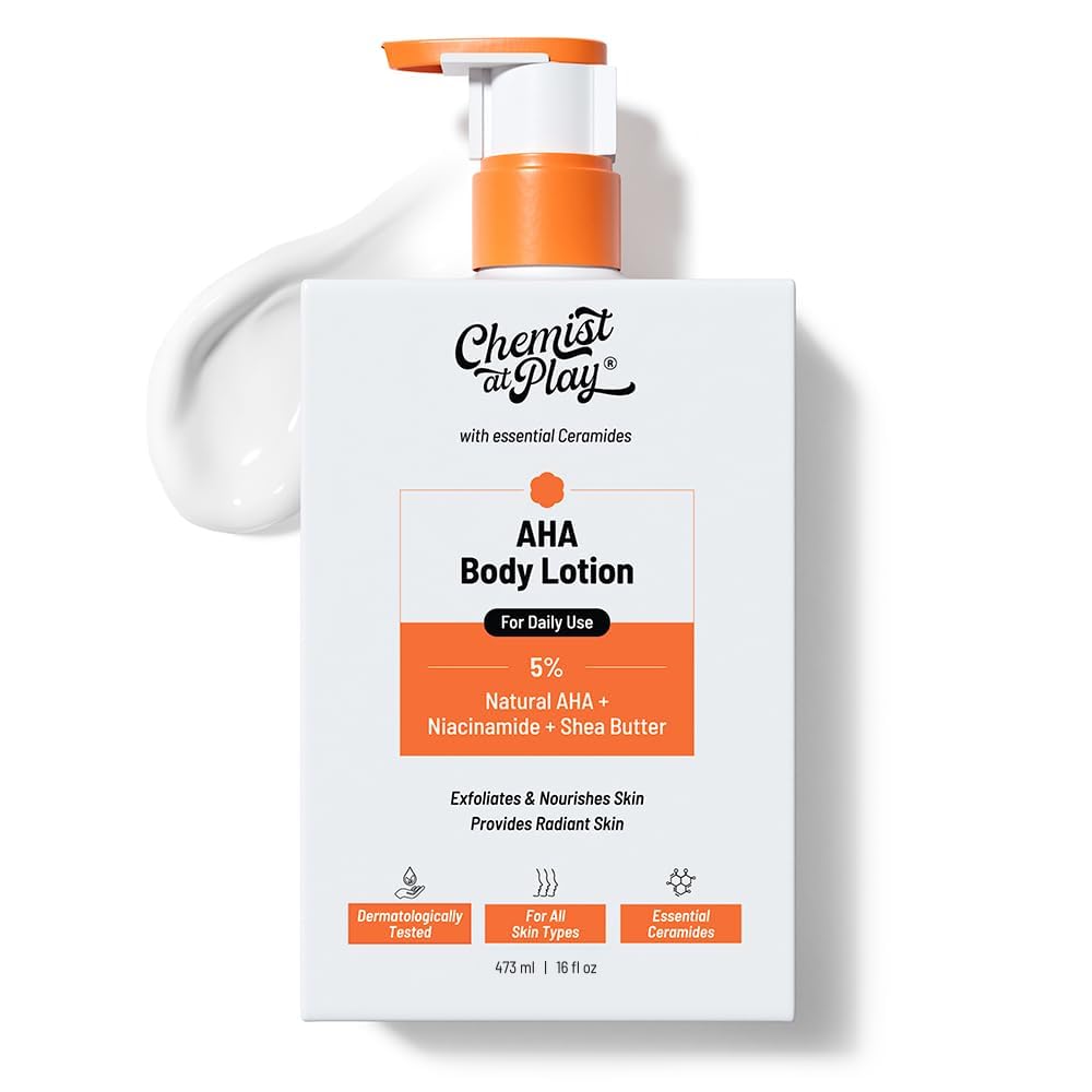Chemist At Play AHA Body Lotion for Dry Skin | Exfoliates Dead Skin, Deeply Nourishes & Boosts Radiance | With 5% Natural AHA, Niacinamide & Shea Butter | Skin Brightening & Moisturising Lotion- 473ml