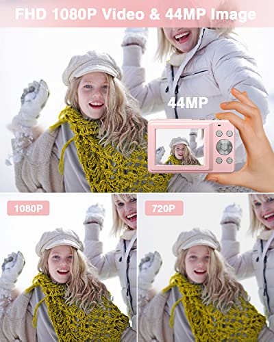 Digital Camera For Kids, Lecran 1080P 44Mp Kids Camera With 32Gb Card Point And Shoot Camera With 16X Zoom, Compact Portable Cameras Christmas Birthday Gift For Children Kids Teens Girl Boy(Pink) #TOP1