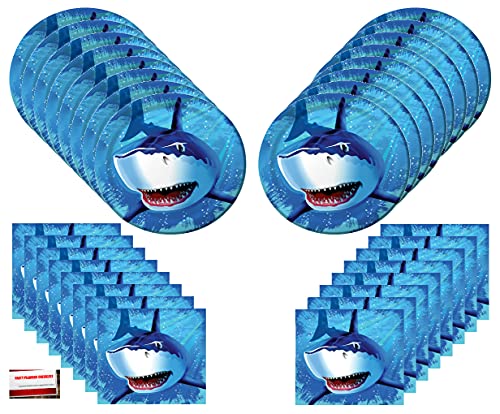 Shark Splash Birthday Party Supplies Bundle for 16 (plus 16 Shark Attach Stickers)