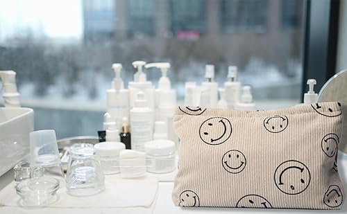 Flinter Makeup Bag, Cosmetic Bag For Travel - Makeup Pouch For Women, Small Corduroy Smiley Face Makeup Bags - Cosmetic Travel Bags With Quilted, Large Portable Pencil Case - Beige #TOP3