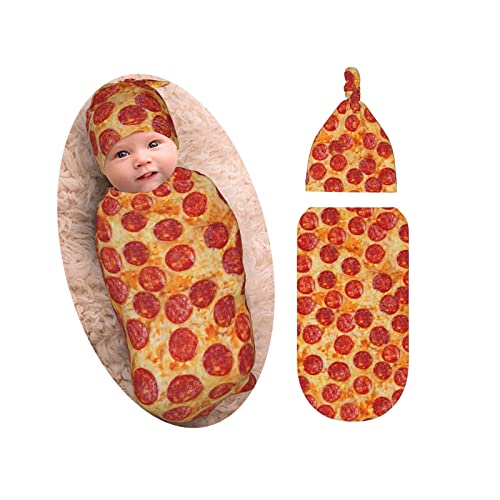 Image of Burrito Pizza Baby Stuff Newborn Swaddle Blanket with Beanie Set, Soft and Stretchy Baby Blanket Swaddle Sack for Boy and Girl