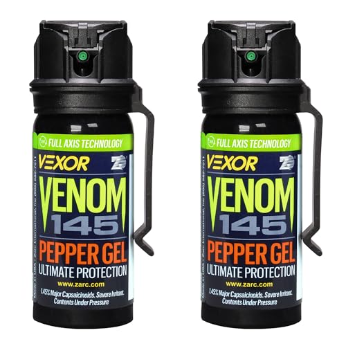 VEXOR Venom Pepper Gel Spray 1.45% Major Capsaicinoids Up to 20 ft Range 18 Bursts Belt Clip Made in USA 2 Pack 1.8 fl oz