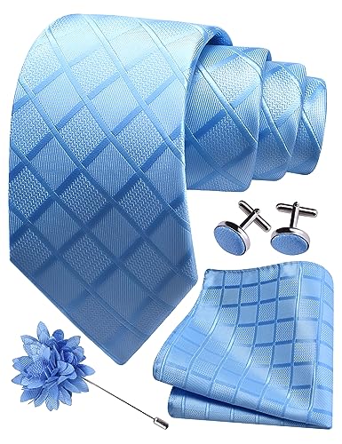 Image of GUSLESON 3.15 inch(8cm) Mens Tie and Lapel Pin Plaid Checkered Necktie Hankerchief Cufflinks Set for Men