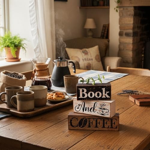 Image of Moucuny 4 Pcs Farmhouse Table Decor Rustic Wooden inchbook and Coffee inch Stacked Block Sign - Vintage Farmhouse Tiered Tray Decor with Coffee Cup & Bean Design, Perfect for Home Office Bookshelf Display