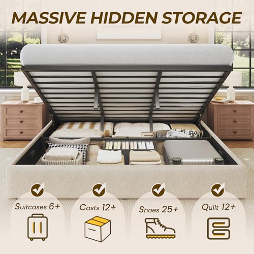Image of HISOFT King Size Lift Up Storage Bed Frame, Linen Upholstered Platform Bed with Wingback Headboard, Heavy Duty Hydraulic Gas Lift Underbed Space, Reinforced Full Metal Slats, Noise Free, Beige