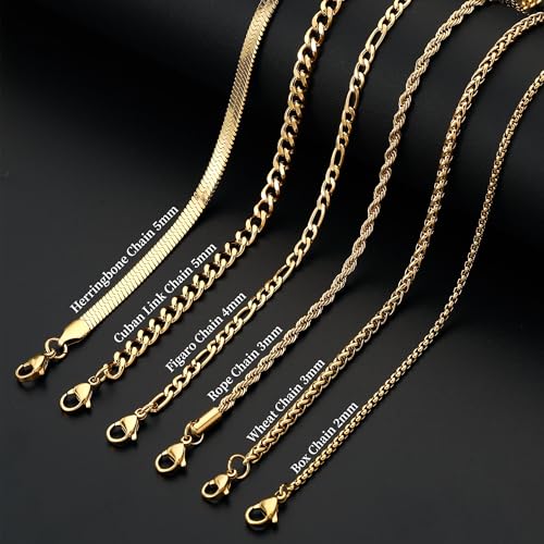 3 Pcs Chain for Men Necklace for Boys 316L Stainless Steel Cuban Link/Figaro/Herringbone Chains Set Jewelry Gifts for Men Women Boys Black/Gold/Silver 16/18/20/22/24 Inches2