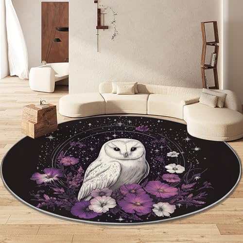 Runde Teppiche 60 cm Teppich, Eule im Tiermuster Bedruckte Dekorteppiche, Traumkunst rutschfeste Runde Teppiche, Waschbar Runde Teppiche für Wohnzimmer, Schlafzimmer
