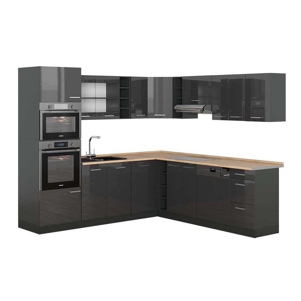 Vicco Cuisine en Angle R-Line Anthracite Haute Brillance 247x46cm sans PT