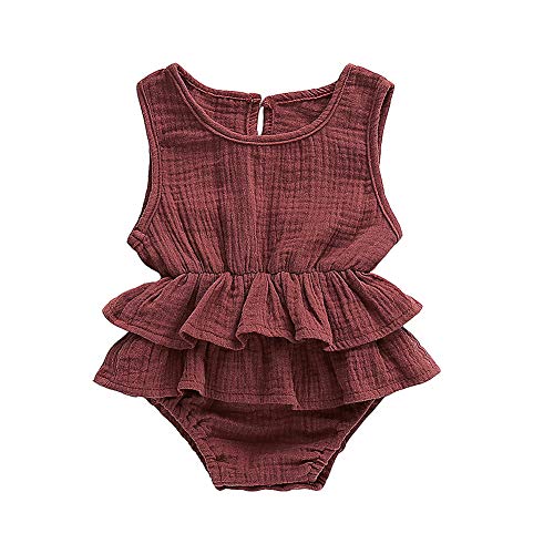 Image of Yoawdats Newborn Baby Girl Romper Cotton Linen Bodysuits Ruffle Sleeve Summer Jumpsuit Outfits Clothes