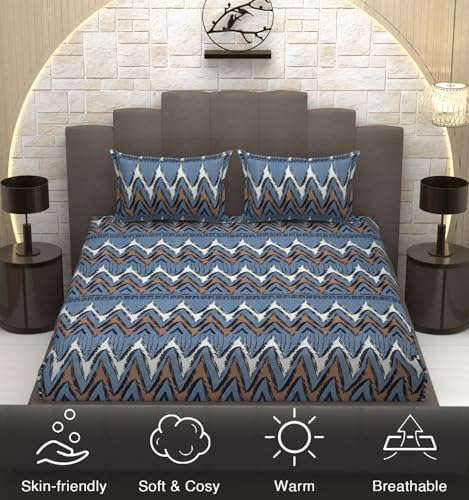 Image of IVAZA Ezyption Cotton Super Soft 240 TC Elastic Fitted All Around Elastic Printed King Size Double Bed Bedsheet with 2 Pillow Cover 72 inch X 78 inch Grey Sky