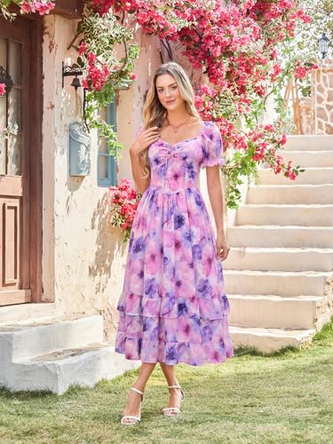 Image of Scarlet Darkness Women Floral Maxi Dress Puff Sleeve Tea Party Corset Dress | Pockets, Ruched Bust, Ruffled Hem, for Cottagecore Fairy Milkmaid Vacation