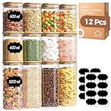 ComSaf Glass Jars with Lids Set of 12, 600ml/1L Glass Food Containers with Lids, Storage Jar with Bamboo Lid, Square Kitchen Storage Containers for Pasta, Spice, Cereal, Flour, Oats, Coffee Beans - Image 1