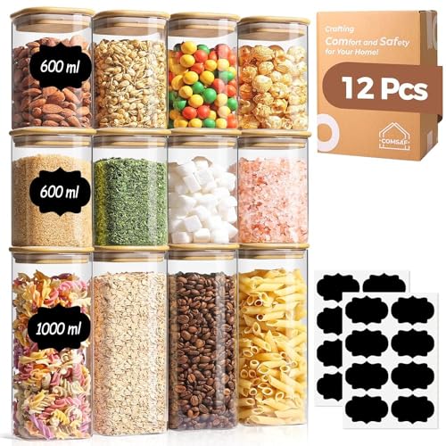 Image of ComSaf Storage Jars with Lid, Airtight, Set of 12 Glass Containers, Storage Jar with Wooden Lid, Storage Jars, Glass Storage Jars, Square Storage Container for Pasta, 600 ml x 8 & 1 L x 4