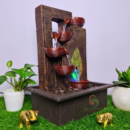 Image of Four Steps Leaf Diya Decorative Table Top Water Fountain for Home Decor /Office /Indoor & Outdoor /Garden /Puja Room /Vaastu with Multicolor LED Light and Adjustable Water Pump