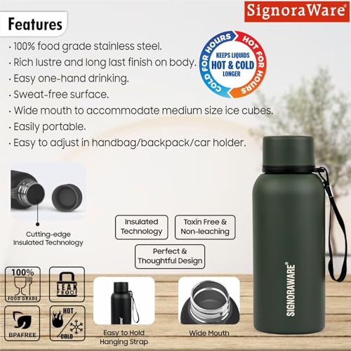 Image of SignoraWare Parkour Vacuum ISI Certified Stainless Steel Bottle With Hanging Strip | Airtight & Leakproof | Easy To Clean | Lightweight | Ideal for School, Office, Gym Or Outdoors (500ml | Green)