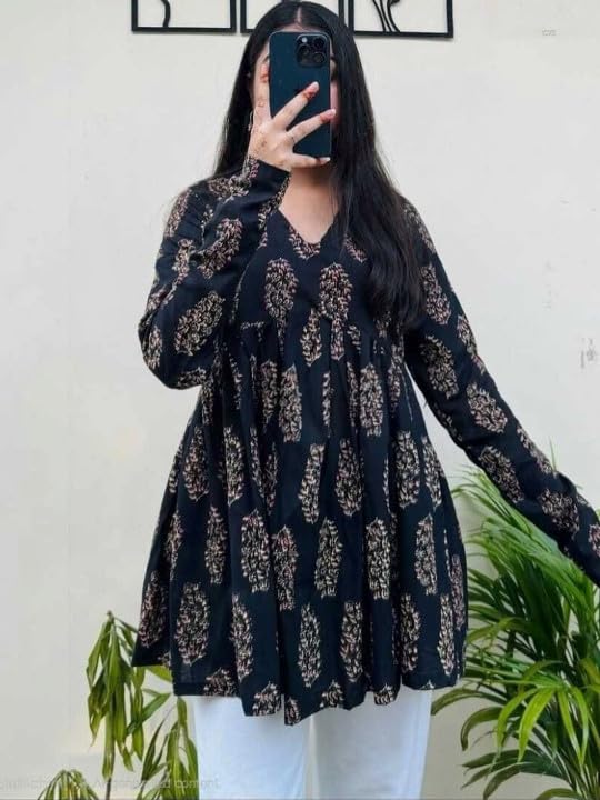 Image of Women's V Neck Short Kurti for Women | Floral Printed Cotton Blend Kurti | Full Sleeve Flared Tunic Top | Casual Ethnic Kurta Top for Women | Stylish Kurti with Jeans