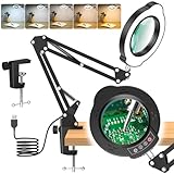 10X Magnifying Glass with Light and Clamp, 5 Color Modes Stepped Dimmable 2-in-1 with LED Desk Lamp, Hands Free Magnifier with Light for Close Works Craft Hobby Painting Reading DIY Repair