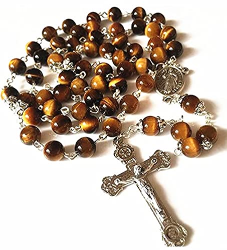 elegantmedical HANDMADE Tiger Eye Rosary Beads Italy Relic Cross CRUCIFIX CATHOLIC NECKLACE GIFT BOX