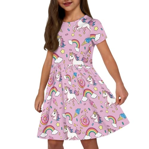 Image of Girls Dress with Pockets Basic Short Sleeve High Waist Swing Skater Dress School Party Dress for Kids