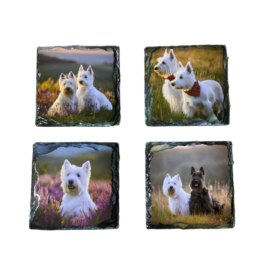 Slate Coaster Set –Scottie Dogs in Heather Design –Handcrafted Natural Stone Drink Coasters –Rustic Home Decor,Scotland Gift for Him or Her.