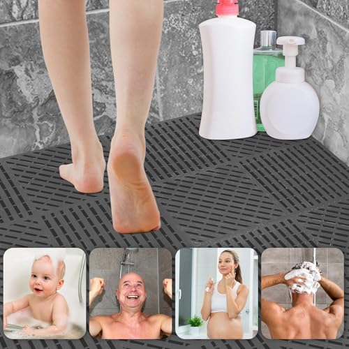 Image of ToLanbbt Modular Interlocking Cushion 12P 11.8 inch x 11.8 inch Interlocking Rubber Floor Drain Holes Non-Slip Splicing Drainage Mats for Deck, Shower, Kitchen, Drain Pool, Sauna Bath (Dark Grey, Diagonal)