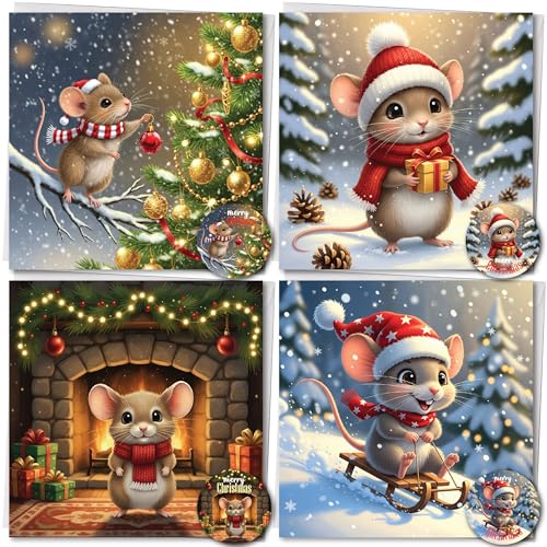 Simply Gifted Charity Christmas Cards Pack of 24 – Christmas Cards Multipack 4 Cute Mice Design with Envelopes & Stickers -125x125mm Luxury Charity Xmas Cards Festive Seasons Xmas Cards for Loved Ones