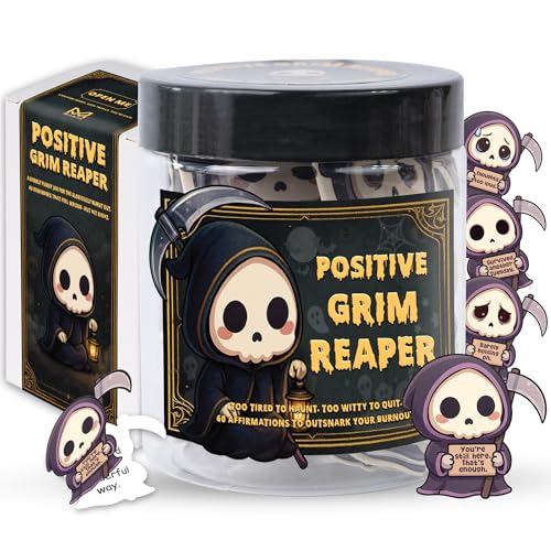 Positive Grim Reaper Jar – Funny Emotional Support Grim Reaper, 60 Dark Humor & Funny Affirmation Notes, Halloween Gifts for Women, Men, Coworkers, Cute Halloween Basket Gift Idea, Fall Gifts Basket